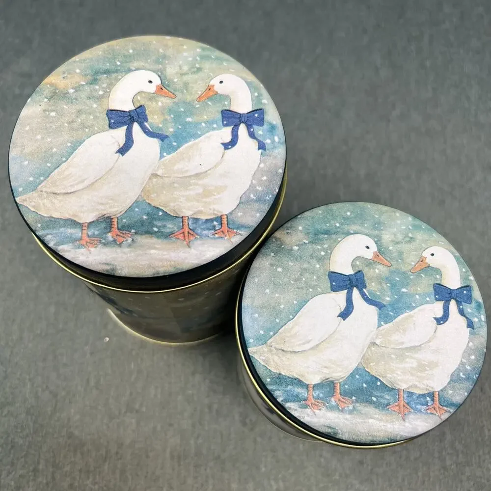 2pc Vintage 1980s Country Geese Nesting Metal Tin Canisters Blue Bow